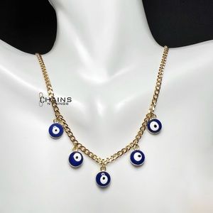 Blue Evil Eyes Necklace Stainless Steel 16" cuban chain cute protection Turkish